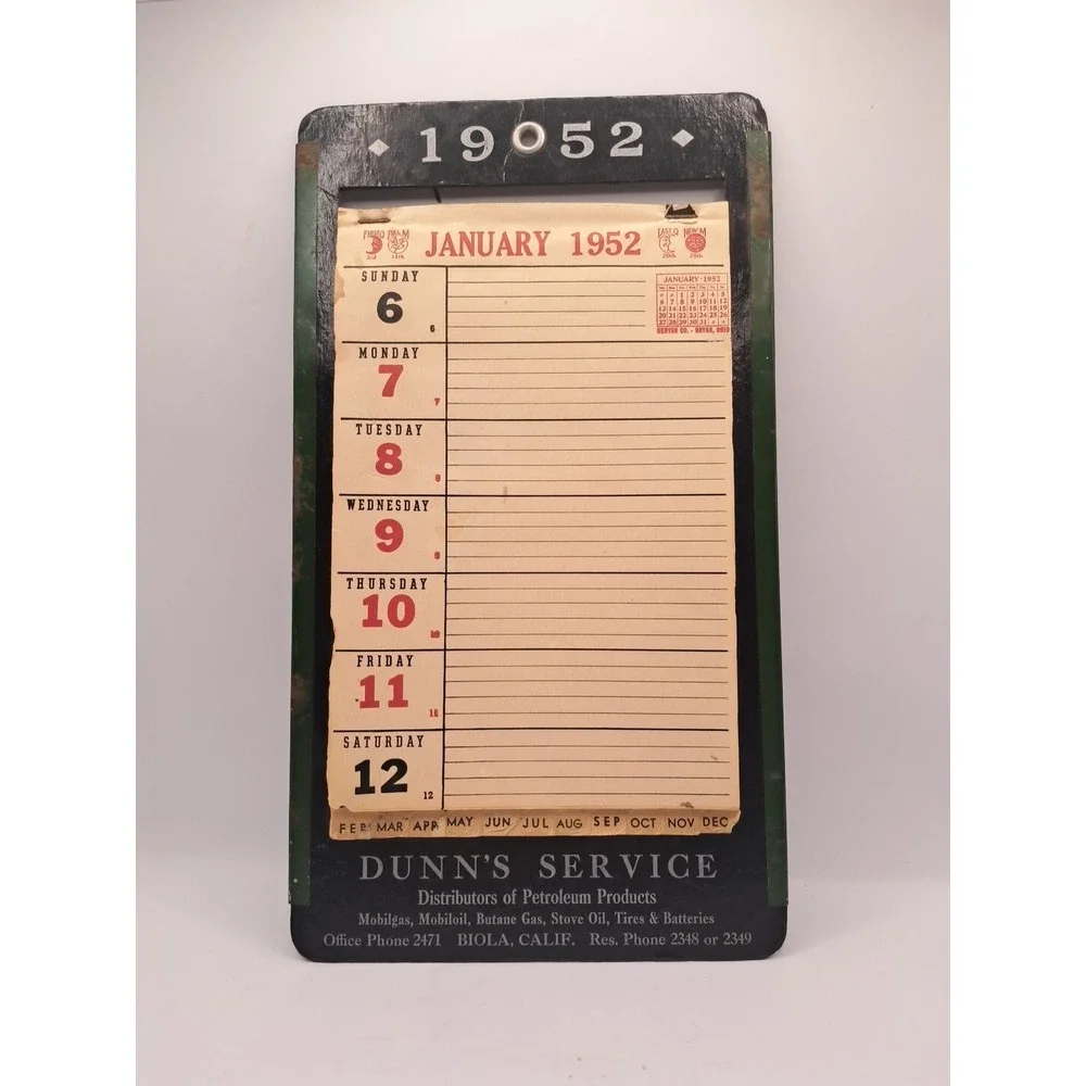 Vintage 1952 Dunna Service Petroleum Products Calender Biola CALIF Advertising